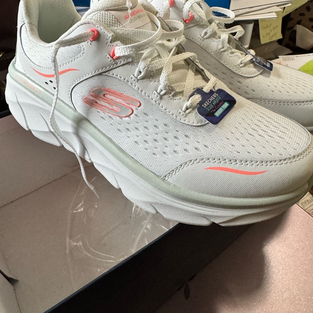 Skechers Dlux Walker White Sneakers with Coral Accent Women's Comfort Trainers
